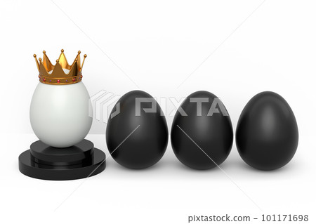Black chicken eggs in row and unique gold egg in royal king crown on podium 101171698