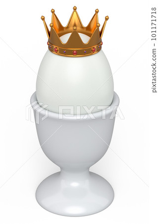 Farm white egg with gold royal king crown in ceramic egg cup for breakfast 101171718