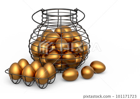 Luxury gold eggs in metal basket or paper cardboard for morning breakfast 101171723