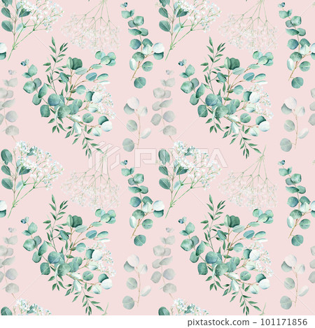 Seamless watercolor pattern with eucalyptus, gypsophila and pistachio branches on pink background. Can be used for wedding prints, gift wrapping paper, kitchen textile and fabric prints. Seamless watercolor pattern with eucalyptus, gypsophila and pistachio branches on pink background. Can be used for wedding prints, gift wrapping paper, kitchen textile and fabric prints. 101171856