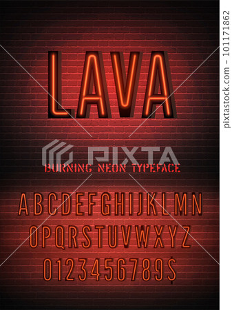 Smoldering night light glow font with numbers. Lava sign with red narrow neon alphabet on dark brick wall background. Vector illustration Smoldering night light glow font with numbers. Lava sign with red narrow neon alphabet on dark brick wall background. Vector illustration 101171862