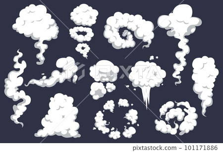 Cartoon smoke on wind, smoking comic kit. Explosion effect, cooking fog or fire smokes elements. White motion clouds, snugly vector steam set 101171886
