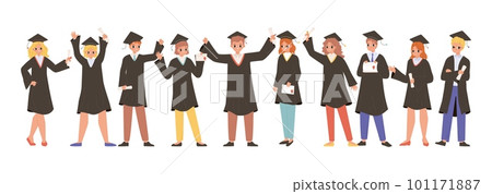 Happy graduate students team. Student hold diploma, cute teenagers in graduation gown. University college degree cartoon snugly vector characters 101171887