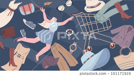 Shopaholism concept. Flying fashion shopaholic consumer and fashioned clothes and accessories. Woman shop addiction, cartoon female spender kicky vector scene Shopaholism concept. Flying fashion shopaholic consumer and fashioned clothes and accessories. Woman shop addiction, cartoon female spender kicky vector scene 101171928