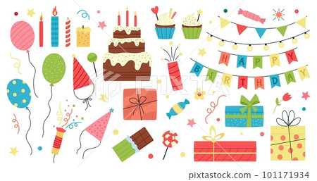 Birthday party flat elements. Anniversary balloon, muffins with candles. Colorful confetti ribbons, gift boxes. Decent celebration graphic vector pack 101171934