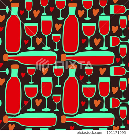 Vector seamless pattern with wine bottles and wineglasses with red wine. 101171993