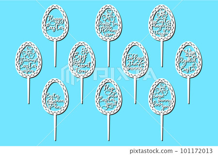 Happy Easter signs cake toppers for laser or milling cut. Cut for decoration design. Happy Easter topper. Holiday greeting. Elegant decoration. Laser cutting. Isolated design element. 101172013