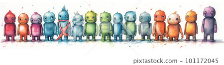 Cute robots standing in row, childish style watecolor illustration, AI generative image Cute robots standing in row, childish style watecolor illustration, AI generative image 101172045