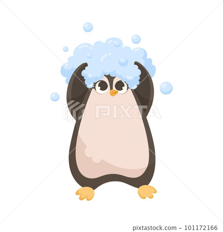 Penguin Character Washing Head with Shampoo Foam Follow Hygiene Rule Vector Illustration 101172166