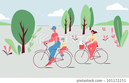Family traveling on bike. Parents, children and dog in bascet. World Bicycle Day. Family traveling on bike. Parents, children and dog in bascet. World Bicycle Day. 101172251