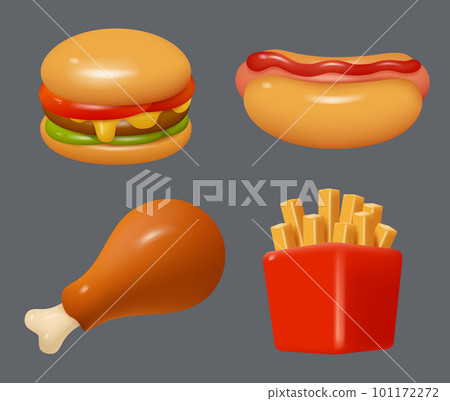 Fast food icons. Plasticine stylized objects french fries cafe food burgers decent vector cartoon 3d rendering icon 101172272