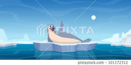 Sea polar animal. Cartoon background with nord pole wild live seal animal exact vector template 101172312