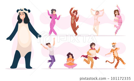 Pajamas people. Happy characters playing in sleeping funny clothes exact vector pictures set Pajamas people. Happy characters playing in sleeping funny clothes exact vector pictures set 101172335