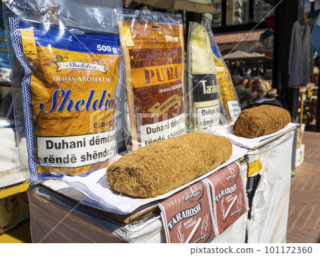 albania duty free tobacco selling pouches of tobacco in Tirana, Albania - Stock Photo [101172360]