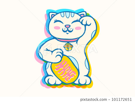 Vector retro poster with lucky cat in glitch style. Neko Maneki. Vector kawaii lucky cat. 101172651