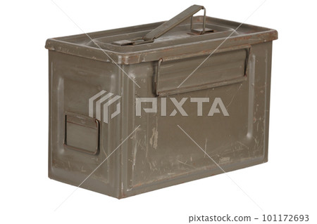 US army green metal .50 cal ammo box isolated on white. US army green metal .50 cal ammo box isolated on white. 101172693