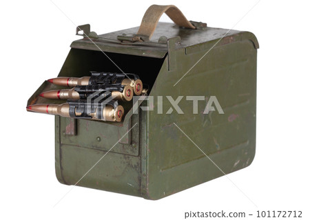 Ammo box with ammunition belt and 12.7mm cartridges for heavy machine gun DSHK used by the former Soviet Union isolated on white. 101172712