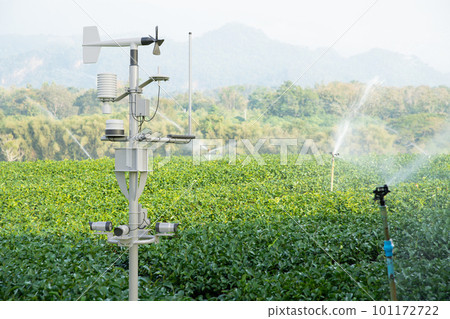 Weather station in green tea field, 5G technology with smart farming concept 101172722
