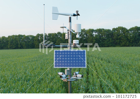 Weather station in grass field, 5G technology with smart farming concept 101172725