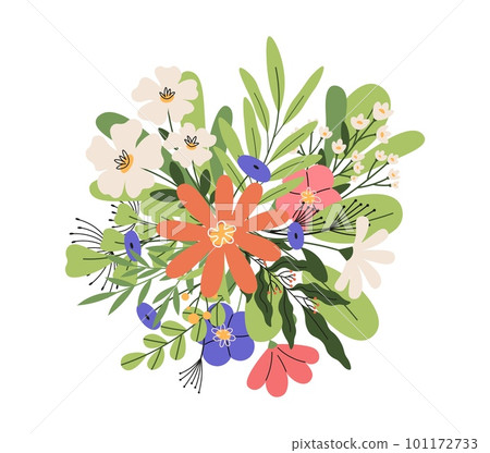 Decorative banner with flowers. Wild and garden flower, floral bouquet badge. Isolated blossom branches and leaves, vector nature graphic design 101172733