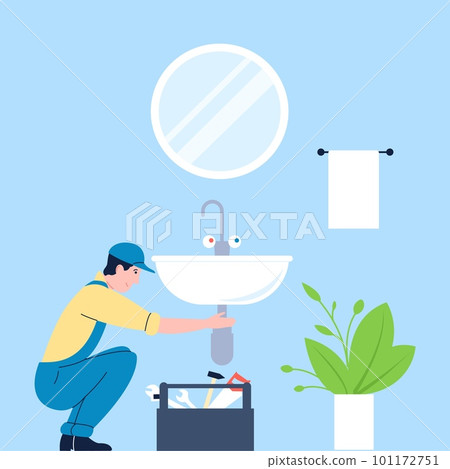 Plumber repair sink in bathroom. Professional plumbers service, handyman with tools work with pipes. Domestic renovation recent vector scene 101172751