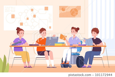 Inclusive school friends. University children communication, pupil in wheelchair at table of craft groups study with kids teamwork, splendid vector illustration 101172944