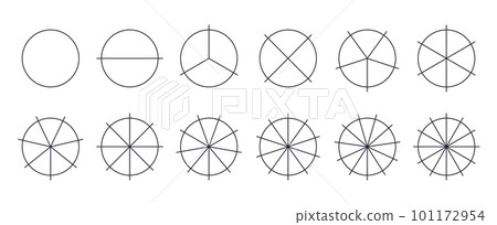 Circle fractions. Infographic of range division on 12 parts or sector, math graph round thirds for pie divide slice portion pizza whole cut parts, ratio icons vector illustration 101172954