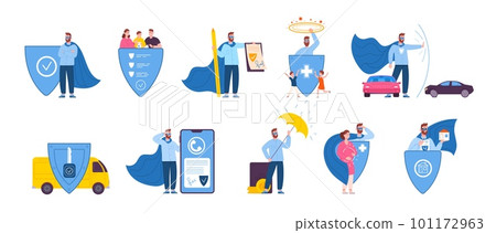 Property health insurance. Family protect coverage insure life car house and financial investment, medical assure accident protection, cash guarantees, splendid vector illustration Property health insurance. Family protect coverage insure life car house and financial investment, medical assure accident protection, cash guarantees, splendid vector illustration 101172963