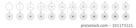 Donut or pie chart templates. Circle divides on equal parts from 2 to 24. Round shapes cut in slices. Set of wheel diagrams with sectors 101173121