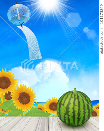 Summer blue sky, sunflowers, sun and thunderheads 101173249
