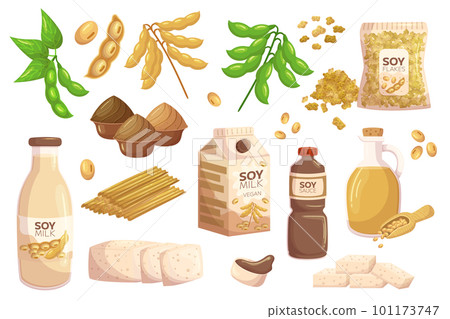 Set of Soy Products Containing Tofu, Soy Milk, Miso Paste, Soy Sauce, Oil and Flakes Ideal For Vegan, Vegetarian 101173747
