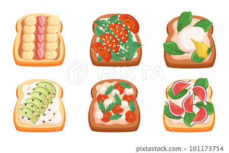 Sandwiches Set Features Different Fillings such as Tomatoes with Mozzarella and Greenery, Strawberry with Banana, Eggs 101173754