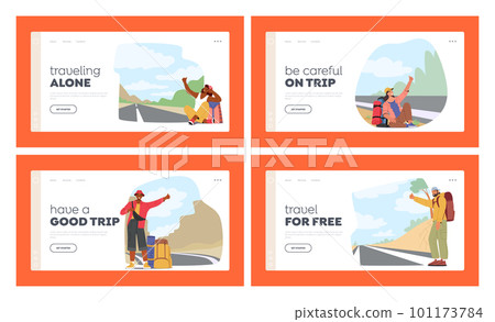 Hitchhikers Landing Page Template Set. Characters Stand On The Side Of Road With Backpack, Waiting For A Ride Hitchhikers Landing Page Template Set. Characters Stand On The Side Of Road With Backpack, Waiting For A Ride 101173784
