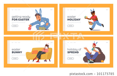 Happy Easter Landing Page Template Set. Characters Celebrate Easter, Enjoying Each Others Company Happy Easter Landing Page Template Set. Characters Celebrate Easter, Enjoying Each Others Company 101173785