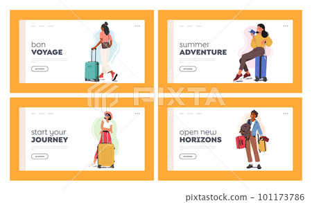 Women Travel Landing Page Template Set. Female Characters with Suitcases And Bags Heading Towards The Airport 101173786