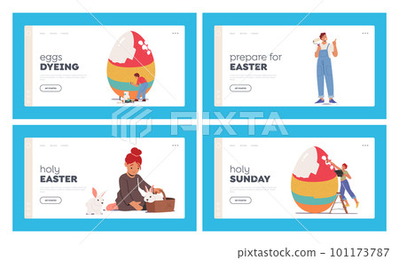 Happy Family Prepare for Easter Celebration Landing Page Template Set. Tiny Parents and Children Girls and Boy Paint Egg 101173787