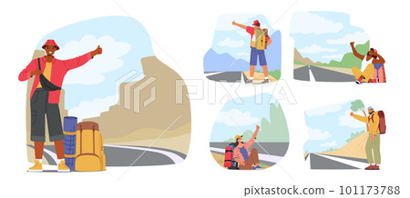 Set Hitchhiker Characters Stand On The Side Of Road With Backpack, Waiting For A Ride. Adventure, Freedom Concept Set Hitchhiker Characters Stand On The Side Of Road With Backpack, Waiting For A Ride. Adventure, Freedom Concept 101173788