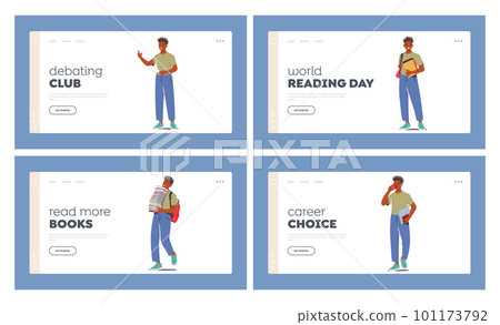 Student Lifestyle Landing Page Template Set. Boy With Backpack And Books in Different Poses and Motion Walk, Stand, Run Student Lifestyle Landing Page Template Set. Boy With Backpack And Books in Different Poses and Motion Walk, Stand, Run 101173792