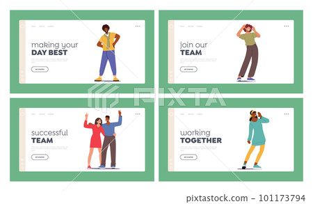 Joyous People Landing Page Template Set. Characters with Faces Beaming With Happiness And Excitement Vector Illustration Joyous People Landing Page Template Set. Characters with Faces Beaming With Happiness And Excitement Vector Illustration 101173794