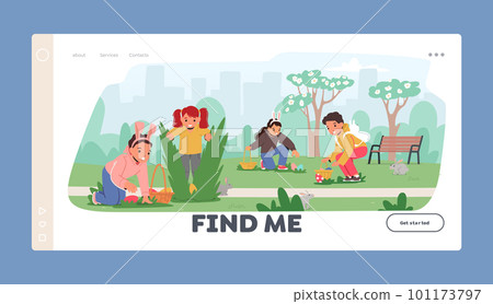 Easter Family Outdoor Activities Landing Page Template. Children Excitedly Search For Hidden Eggs In Park With Greenery Easter Family Outdoor Activities Landing Page Template. Children Excitedly Search For Hidden Eggs In Park With Greenery 101173797