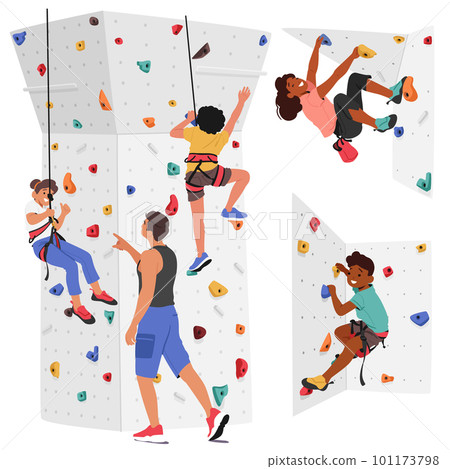 Set of Children Characters Scale A Climbing Wall With Help Of Their Trainer. Concept of Thrill Of Outdoor Adventure Set of Children Characters Scale A Climbing Wall With Help Of Their Trainer. Concept of Thrill Of Outdoor Adventure 101173798