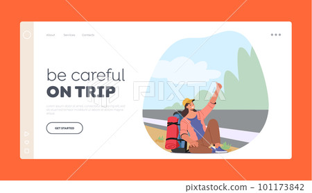 f Freedom, Outdoor, Travel Landing Page Template. Female Character Hitchhiker Sitting with Backpack By The Roadside 101173842