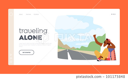 Traveling Alone Landing Page Template. Traveler Woman With Backpack Sitting On The Side Of The Road With Thumb Out Traveling Alone Landing Page Template. Traveler Woman With Backpack Sitting On The Side Of The Road With Thumb Out 101173848