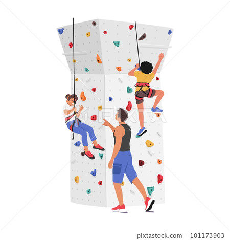 Children Characters Scale A Climbing Wall With Guidance Of Trainer. Excitement And Adventure Of Outdoor Activities 101173903
