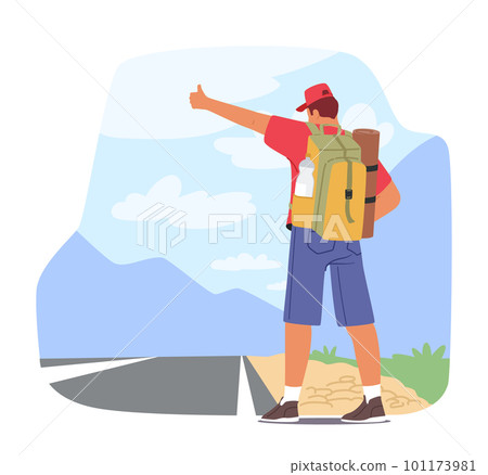 Backpack-wearing Hitchhiker Waiting On Roadside With A Thumb Up, Character Seeking A Ride To The Next Destination 101173981