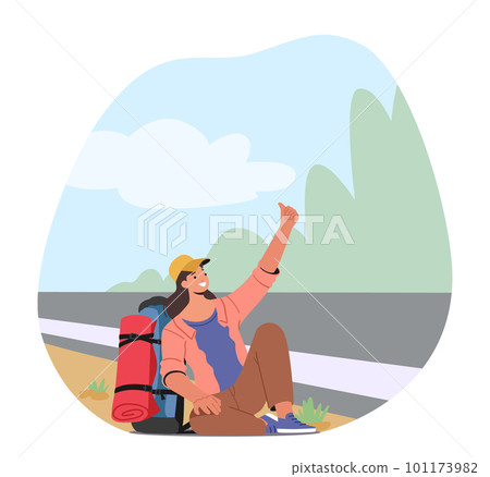 Female Character Hitchhiker Sitting With Backpack By The Roadside With An Extended Thumb, Looking For A Lift 101173982