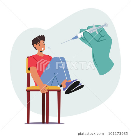 Young Man Character Displaying Fear And Apprehension At The Sight Of An Injection. Concept Of Phobias, Fear Young Man Character Displaying Fear And Apprehension At The Sight Of An Injection. Concept Of Phobias, Fear 101173985