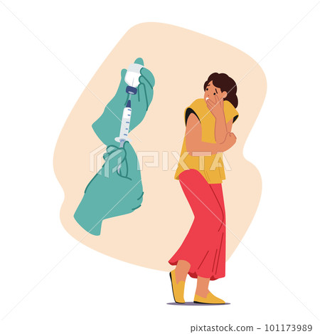 Young Woman Character Shows Signs Of Fear And Apprehension While Anticipating An Injection Cartoon Illustration Young Woman Character Shows Signs Of Fear And Apprehension While Anticipating An Injection Cartoon Illustration 101173989