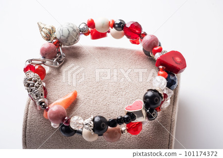 double bracelet with black and red semipreciouse stones with natural lava, shungite, hematite, rhodonite, coral and chains. double bracelet with black and red semipreciouse stones with natural lava, shungite, hematite, rhodonite, coral and chains. 101174372