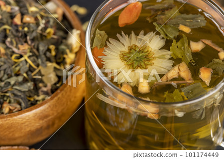 Brewed with hot water tea leaves of green tea Brewed with hot water tea leaves of green tea 101174449